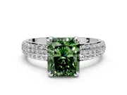 Solitaire Engagement Ring Setting for Fancy Green Radiant Cut Center with Multi-Row Pave Accents and Basket Head in White Gold