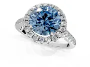 Halo Engagement Ring Setting for Fancy Blue Round Cut Center with Narrowing Pave Band and Prong Head in White Gold
