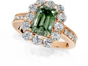 Halo Engagement Ring Setting for Fancy Green Emerald Cut Center with Milgrain Channel Band and Prong Head in Rose Gold