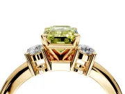 3 Stone Engagement Ring Setting for Fancy Yellow Emerald Cut Center with Wide Plain Band and Prong Head in Yellow Gold