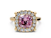 Single Halo Engagement Ring Setting for Fancy Pink Cushion Cut Center with Corner Claws, Plain Band and Prong Head in Yellow Gold