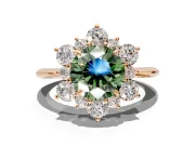 Small-Accent Cluster Halo Engagement Ring Setting for Fancy Green Round Cut Center with Plain Band and Prong Head in Rose Gold