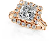 Milgrain Halo Engagement Ring Setting for Princess Cut Center with Bezel Point Accents and Prong Head in Rose Gold