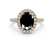 Halo Engagement Ring Setting for Fancy Black Oval Center with Narrowing Pave Band and Prong Head in Rose Gold