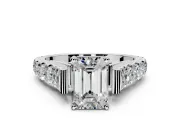 Solitaire Engagement Ring Setting for Emerald Cut Center with Pave Cathedral Shoulders and Prong Head in Platinum