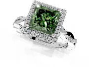 Halo Engagement Ring Setting for Fancy Green Princess Cut Center with Pave and Plain Twist Band and Prong Head in Sterling Silver