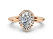 Halo Engagement Ring Setting for Pear-Shaped Center with Tapered Plain Band and Prong Head in Rose Gold