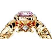 Milgrain Halo Engagement Ring Setting for Fancy Pink Asscher Cut Center with Shoulder Bezels and Prong Head in Yellow Gold