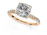 Solitaire Engagement Ring Setting for Cushion Cut Center with Fine Pave Band and Prong Head in Rose Gold