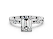 Solitaire Engagement Ring Setting for Emerald Cut Center with Beaded Bezel Station Band and Prong Head in White Gold