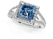 Halo Engagement Ring Setting for Fancy Blue Princess Cut Center with Pave Split Shank and Prong Head in Sterling Silver
