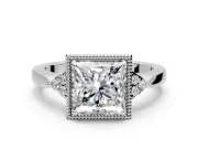 Cluster Engagement Ring Setting for Princess Cut Center with Milgrain Shoulder Clusters and Prong Head in White Gold