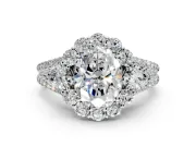 Halo Engagement Ring Setting for Oval Center with Two-Strand Split Shank and Prong Head in Platinum