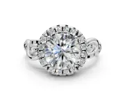 Halo Engagement Ring Setting for Round Cut Center with Open Scroll Shoulders and Prong Head in Platinum