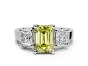 3 Stone Engagement Ring Setting for Fancy Yellow Emerald Cut Center with Matching Side Accents and Prong Head in Sterling Silver