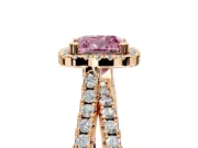 Halo Engagement Ring Setting for Fancy Pink Cushion Cut Center with Double Pave Split Shank and Prong Head in Rose Gold