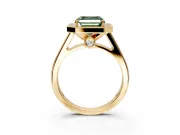Halo Engagement Ring Setting for Fancy Green Asscher Cut Center with Outer Bezel Rim, Pave Band and Prong Head in Yellow Gold