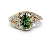 Halo Engagement Ring Setting for Fancy Green Pear-Shaped Center with Marquise and Pave Bypass Band and Prong Head in Yellow Gold