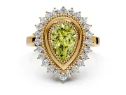 Halo Engagement Ring Setting for Fancy Yellow Pear-Shaped Center with Milgrain Bezel Rim, Plain Band and Prong Head in Yellow Gold