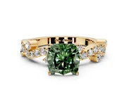 Solitaire Engagement Ring Setting for Fancy Green Cushion Cut Center with Bar-Station Pave Twist and Prong Head in Yellow Gold