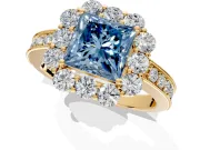 Halo Engagement Ring Setting for Fancy Blue Princess Cut Center with Milgrain Channel Band and Prong Head in Yellow Gold