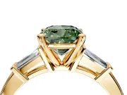 3 Stone Engagement Ring Setting for Fancy Green Cushion Cut Center with Channel Baguette Accents and Prong Head in Yellow Gold