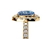 Pave Halo Engagement Ring Setting for Fancy Blue Radiant Cut Center with Single Row Pave Band and Prong Head in Yellow Gold