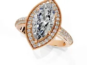 Milgrain Halo Engagement Ring Setting for Marquise Center with Three-Sided Pave Band and Prong Head in Rose Gold