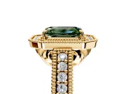 Milgrain Halo Engagement Ring Setting for Fancy Green Emerald Cut Center with Pave Band and Prong Head in Yellow Gold
