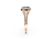 Halo Engagement Ring Setting for Fancy Blue Radiant Cut Center with Pave Split Shank and Prong Head in Rose Gold