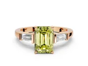 3 Stone Engagement Ring Setting for Fancy Yellow Emerald Cut Center with Channel Baguette Accents and Prong Head in Rose Gold