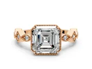 Milgrain Bezel Engagement Ring Setting for Asscher Cut Center with Marquise Stations and Bezel Head in Rose Gold