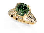 Solitaire Engagement Ring Setting for Fancy Green Cushion Cut Center with Accented Split Shank and Prong Head in Yellow Gold