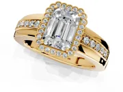 Halo Engagement Ring Setting for Emerald Cut Center with Wide Band, Inlaid Accent Row and Prong Head in Yellow Gold