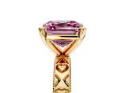 Solitaire Engagement Ring Setting for Fancy Pink Asscher Cut Center with XO Engraved Band and Prong Head in Yellow Gold