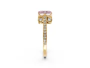 Cathedral Engagement Ring Setting for Fancy Pink Radiant Cut Center with Antique-Style Pave Band and Prong Head in Yellow Gold