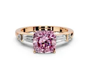 Bar-Set Engagement Ring Setting for Fancy Pink Cushion Cut Center with Tapered Baguette Accents and Prong Head in Rose Gold