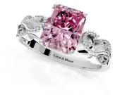 Leaf Engagement Ring Setting for Fancy Pink Radiant Cut Center with Milgrain Accent Band and Prong Head in Platinum