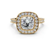 Halo Engagement Ring Setting for Cushion Cut Center with Milgrain Frame, Pave Band and Prong Head in Yellow Gold