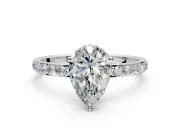 Hidden Halo Engagement Ring Setting for Pear-Shaped Center with Pave Band and Prong Head in Platinum