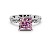 Solitaire Engagement Ring Setting for Fancy Pink Princess Cut Center with Milgrain X Pattern Band and Prong Head in Sterling Silver