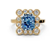 Cluster Halo Engagement Ring Setting for Fancy Blue Radiant Cut Center with Milgrain Bezel Accents and Prong Head in Yellow Gold