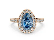 Halo Engagement Ring Setting for Fancy Blue Pear-Shaped Center with Narrowing Pave Band and Prong Head in Rose Gold