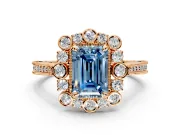 Milgrain Halo Engagement Ring Setting for Fancy Blue Emerald Cut Center with Bezel Point Accents and Prong Head in Rose Gold