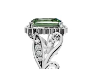 Halo Engagement Ring Setting for Fancy Green Emerald Cut Center with Leaf Motif Split Shank and Prong Head in Platinum