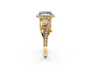 Milgrain Halo Engagement Ring Setting for Fancy Blue Radiant Cut Center with Shoulder Bezels and Prong Head in Yellow Gold