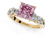 5 Stone Engagement Ring Setting for Fancy Pink Princess Cut Center with Graduated Accents and Prong Head in Yellow Gold