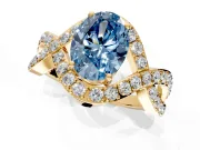 Halo Engagement Ring Setting for Fancy Blue Oval Center with Pave Infinity Twist Band and Prong Head in Yellow Gold
