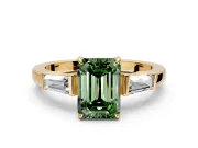 3 Stone Engagement Ring Setting for Fancy Green Emerald Cut Center with Baguette Accents and Prong Head in Yellow Gold