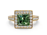 Bezel-Framed Halo Engagement Ring Setting for Fancy Green Princess Cut Center with Pave Band and Prong Head in Yellow Gold